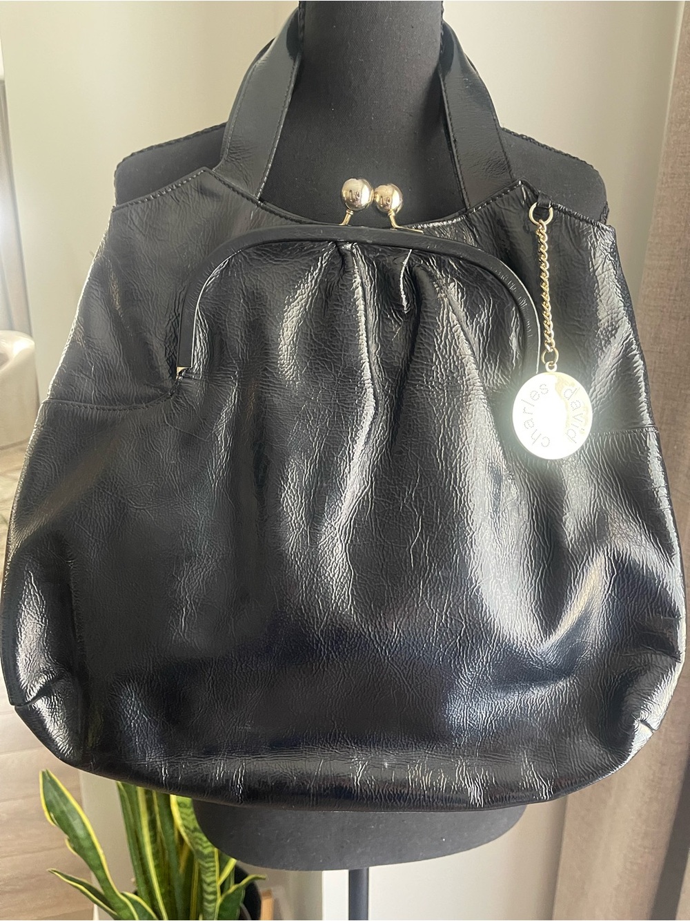 Charles David Black Patent Tote with Gold Charm